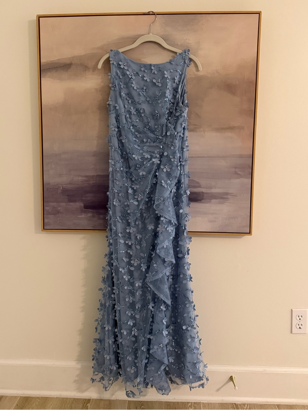 Carmen Marc Valvo Infusion 3D Floral Mermaid Gown Dusty Blue Evening Gown